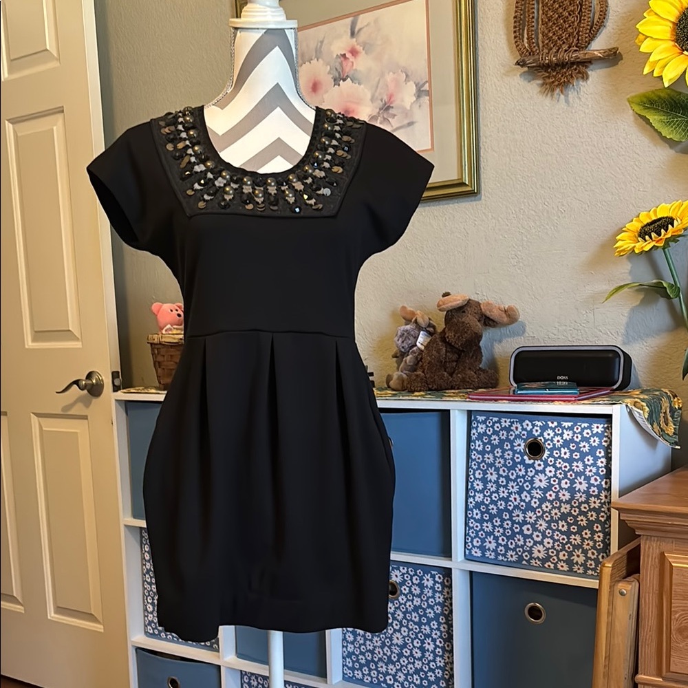 Lush Black Mini Dress with Embellished Neckline